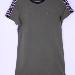 0312-Tommy Hilfiger Olive Green T-Shirt Dress w/ Logo Sleeve Trim - Size M